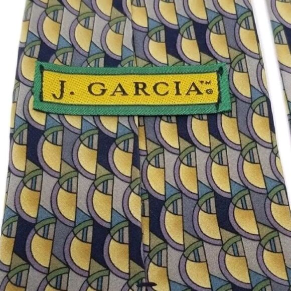 J. Garcia Yellow & Blue Curves Lines Silk Necktie - Picture 3 of 5
